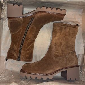 Brown suede leather boots. Lug Sole Boots 
In Box, Never Used